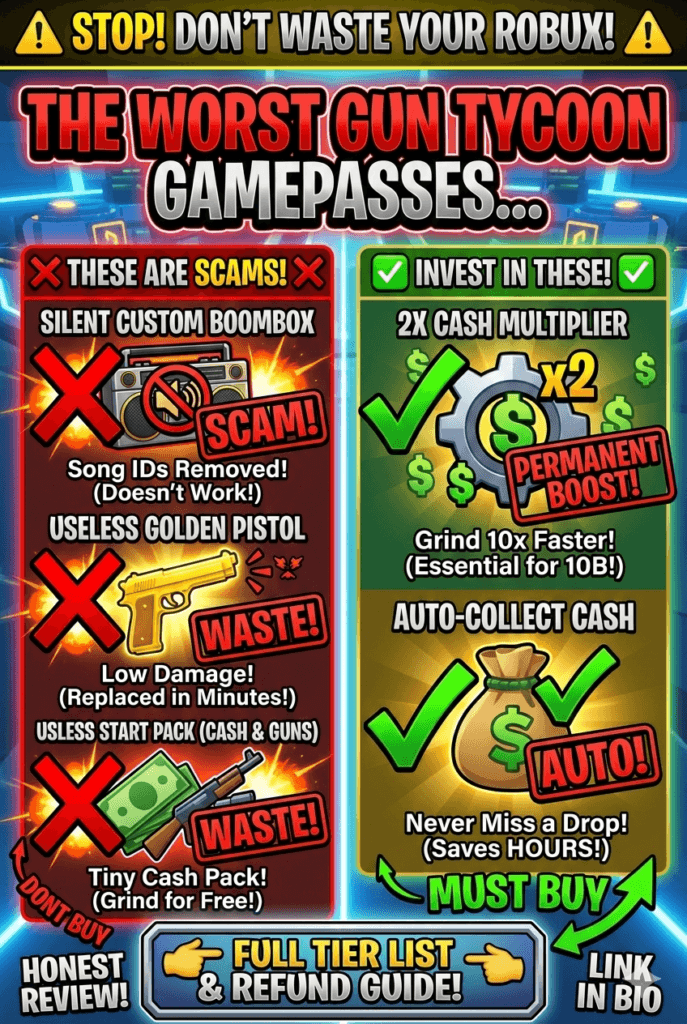 Comparison of Gun Tycoon gamepasses: "SCAM" items like Boombox and Golden Pistol vs "MUST BUY" items like 2x Cash and Auto-Collect