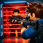 Roblox Gun Tycoon screenshot showing a player safe behind red laser doors while another player with a rocket launcher is blocked outside