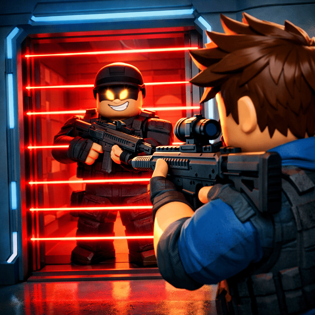Roblox Gun Tycoon screenshot showing a player safe behind red laser doors while another player with a rocket launcher is blocked outside