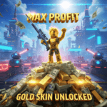Exclusive 10 Billion Visits Gold Skin character in Roblox Gun Tycoon holding a sniper rifle and standing on a mountain of cash and gold bars with "MAX PROFIT" text