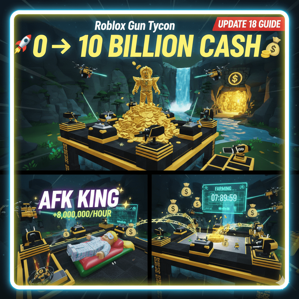 Roblox Gun Tycoon AFK strategy guide showing a character sleeping to earn cash with a farming timer and "AFK KING +8,000,000/HOUR" text indicating high passive income