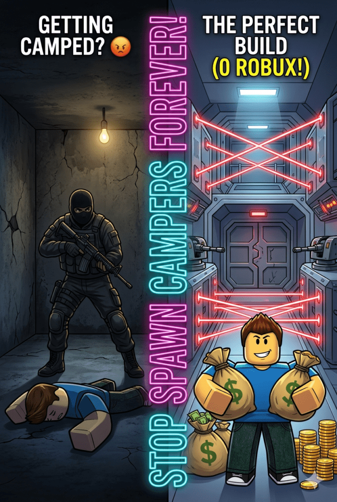 Roblox Gun Tycoon pro player defending base against spawn campers 2026.