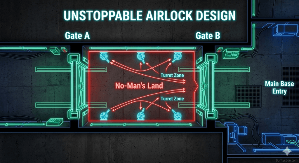 Tactical airlock base layout diagram for Roblox Gun Tycoon defense