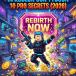 Roblox Gun Tycoon pro player character standing next to a glowing green Rebirth button with cash and gems explosion 2026 guide.