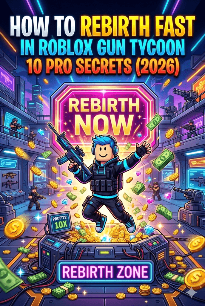 Roblox Gun Tycoon pro player character standing next to a glowing green Rebirth button with cash and gems explosion 2026 guide.