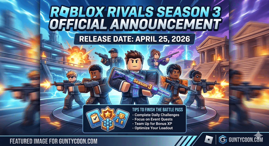 Official announcement for Roblox RIVALS Season 3 release date on April 25, 2026, with tips to finish the battle pass.